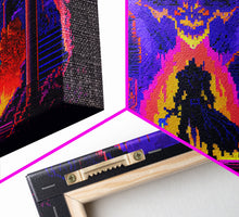 Load image into Gallery viewer, 8 bit Pixel art, RPG video game concept art, Paladin faces the Dragon, synthwave style, framed canvas print
