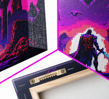 Load image into Gallery viewer, Barbarian vs Vampires, pixel art, DND RPG concept art, vaporwave aesthetic gamer room art, framed canvas print
