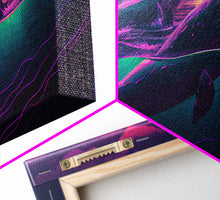 Load image into Gallery viewer, 3 Blue Whales Breaching at Sunset, vaporwave synthwave ocean art, framed canvas print
