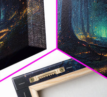 Load image into Gallery viewer, The magical enchanted forest is lit brightly with fireflies at night, framed canvas print, fantasy art
