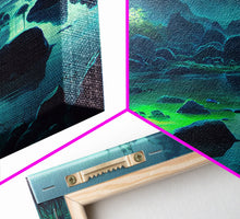 Cargar imagen en el visor de la galería, Bioluminescent glowing river, cool nature watercolor art, framed canvas print
