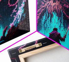 Load image into Gallery viewer, Warrior Vs Cthulhu, RPG concept pixel art, framed canvas print, outrun video game art
