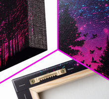 Load image into Gallery viewer, Synthwave Starry Night Time Lapse in a pine tree forest, framed canvas print, timelapse art

