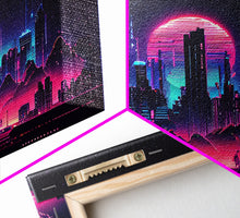 Load image into Gallery viewer, Cyberpunk city skyline superimposed over a sunset, synthwave style dystopian  art, framed canvas print
