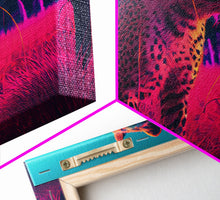 Load image into Gallery viewer, Cheetah on the hunt, vaporwave art, sunset hunter, framed canvas print, framed wall art
