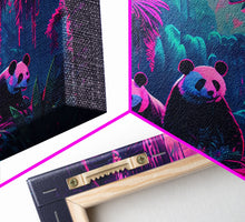 Load image into Gallery viewer, Cute pandas, jungle, framed canvas print, framed wall art, synthwave animal art
