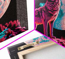 Load image into Gallery viewer, Howl at the moon, wolf art, framed canvas print, synthwave / vaporwave art

