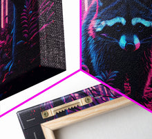 Cargar imagen en el visor de la galería, Cute racoon in the forest, vaporwave aesthetic animal art, framed canvas print, colorful animal art
