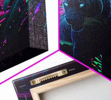 Carregar imagem no visualizador da galeria, Black panther on the hunt in the jungle, glowing blue eyes, synth wave aesthetic art, framed canvas print
