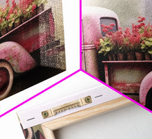 Load image into Gallery viewer, Framed Picture of old truck with beautiful flowers in bed of truck, farmhouse living, old barn, farmhouse distressed, framed canvas print

