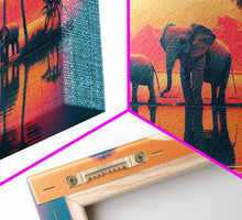 Load image into Gallery viewer, Sun beading down on a family of Elephants, framed canvas print
