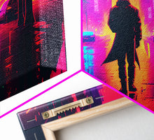 Load image into Gallery viewer, Cyberpunk bounty hunter art, vaporwave synthwave dystopian cityscape, framed canvas print
