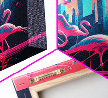 Load image into Gallery viewer, Pink Flamingos, Vaporwave aesthetic style art, framed canvas print, framed wall art
