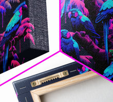 Load image into Gallery viewer, Synthwave Tropical Birds, Parrot Art, Framed canvas print, framed wall decor, vaporwave animal print
