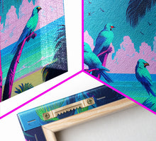 Load image into Gallery viewer, Tropical birds of paradise, synthwave, vaporwave wall art, framed canvas print
