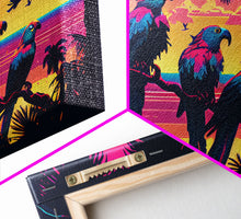 Load image into Gallery viewer, Tropical birds of paradise, synthwave, vaporwave wall art, framed canvas print
