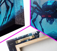 Load image into Gallery viewer, Cyborg Spider, Scifi Fantasy horror art, robot spider on the hunt, framed canvas print
