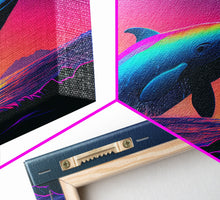 Load image into Gallery viewer, Humpback whale breaching a rainbow, vaporwave art, synthwave animal print, framed canvas print
