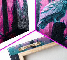 Load image into Gallery viewer, White owl in synthwave forest, vaporwave style animal print art, framed canvas print
