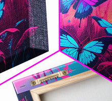 Load image into Gallery viewer, Beautiful butterfly art, vaporwave aesthetic pastel art, framed canvas print, synthwave art
