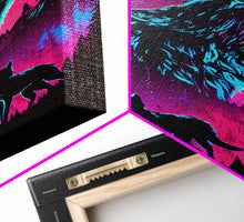 Load image into Gallery viewer, Wolves Howling at the moon, 3 wolf moon, framed canvas print, vaporwave art, Animal art, predator art
