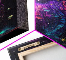 Load image into Gallery viewer, Bioluminescent Cosmic Jellyfish against a Starry night sky, JellyFish Art, Framed Canvas Print, synthwave style art

