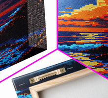 Load image into Gallery viewer, Pixel Art Sunset obscured by clouds, framed canvas print, 8 bit art
