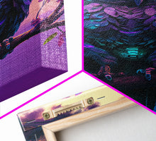 Load image into Gallery viewer, Cyberpunk Robot Owl, framed canvas print, Cybernetic android owl art, vaporwave aesthetic futuristic art
