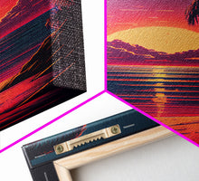Load image into Gallery viewer, 8 bit pixel art sunset, synthwave style palm tree beach, framed canvas print, framed wall art painting
