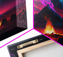 Load image into Gallery viewer, Campfire under a Full Moon, Framed canvas print, retro synthwave / outrun style primitive home decor
