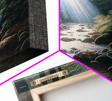 Cargar imagen en el visor de la galería, Colorful Watercolor Art, Framed Canvas Print, unique wall art, framed wall art, Landscape watercolor, Beams of Sunlight piercing the canopy
