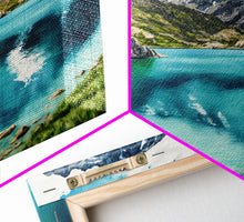 Load image into Gallery viewer, Watercolor painting canvas print of a mountain lake landscape, framed canvas print, framed wall art
