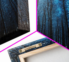 Cargar imagen en el visor de la galería, Birch Tree Forest At Night, Starry Night Sky, Framed Canvas Print, Boho Minimalist Farmhouse Decor, Primitive Art
