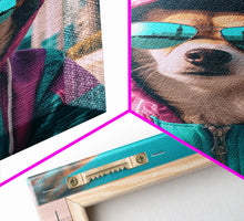 Load image into Gallery viewer, Corgi In Pink And Blue Hoodie Sunglasses Wall Print, Dog Art Print, Dog Portrait, Framed Wall Art, Framed Canvas, Wall Print, Wall Canvas
