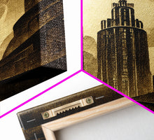 Load image into Gallery viewer, Dystopian Metropolis Art Deco Canvas Print, City Skyline, Fantasy Art, Art Deco Living Room Art, ready to hang wall art
