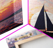 Load image into Gallery viewer, Sailing Under a Stained Glass Sky, Framed Canvas Print, Canvas Art, Nautical Art Deco Style Sunset Art
