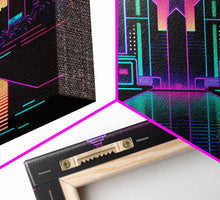Cargar imagen en el visor de la galería, Retro Style Synthwave Wireframe City, Outrun Style, Framed Canvas Print, 80s Vibes Art
