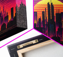 Load image into Gallery viewer, Outrun Style Futuristic Cyberpunk City Skyline at Sunset, Concept art, framed canvas print, dystopian art
