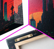 Load image into Gallery viewer, Outrun Style Pixel Art Futuristic Cyberpunk City Skyline at Sunset, Concept art, framed canvas print, dystopian art
