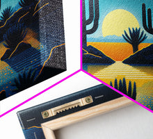 Load image into Gallery viewer, Retro Art Deco Style Pueblo Desert Art, Cactus Desert Landscape under a Full Moon, Framed Canvas Print, Cute Western Decor
