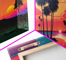 Load image into Gallery viewer, Triptych 3 panel Wall Art, Framed Canvas Prints, Synthwave Landscape Decor, MCM 80s Vibes Retro Style 3 Piece Art
