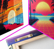 Load image into Gallery viewer, Midcentury Modern Wall Art, Mid Century Modern, 3 Piece Framed Canvas, 3 Panel Art, Triptych Art, Vaporwave Palm Trees and Sunset, 80s Retro
