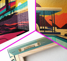 Load image into Gallery viewer, MCM Style Retro Wall Decor, Framed Canvas Prints, Triptych 3 Panel Wall Art, Retrowave Beach Art, Synthwave / Vaporwave Architecture Art
