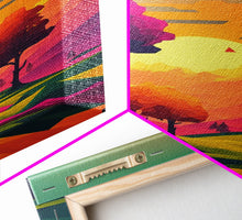 Load image into Gallery viewer, Retro Pop Art Landscape Art At Sunset, Framed Canvas Print, Outrun Style Trees and Sunset, Living Room Art
