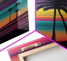 Carregar imagem no visualizador da galeria, Framed Canvas Print | Art Deco Sunset, Beaches, Pop Art, Palm trees, Retro Style, Island Vibe | Vibrant and Colorful | Retro Style
