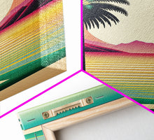 Load image into Gallery viewer, Framed Canvas Print - Art Deco Sunset Scene - Mountains, Palmtrees &amp; Beaches - Retro Style Art - Living Room Decor
