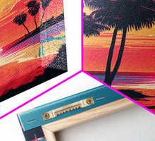 Load image into Gallery viewer, Framed Canvas Print - Art Deco Sunset, Beaches, Minimalist Palm Trees, Retro Synthwave, Vaporwave, 80s Vibes, Gamer Art, Bar Decor
