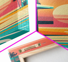 Carregar imagem no visualizador da galeria, Art Deco Sunset Beach Canvas Print, Minimalist Retro Palmtree Vibe, Vaporwave Art, 80s Retro Vibes, Miami Inspired Art
