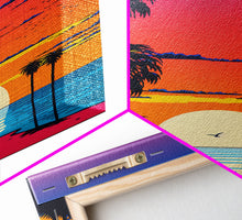 Load image into Gallery viewer, Framed Canvas Print - Art Deco Sunset, Beaches, Minimalist, Palmtrees, Retro Style, Synthwave, Vaporwave, 80s Style Decor, Palme Trees
