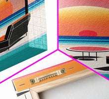 Load image into Gallery viewer, Framed Canvas Print - Art Deco Sunset, Minimalist Beach, Palm Trees, Retro Style, Synthwave, Vaporwave, Minimalist Abstract Decor
